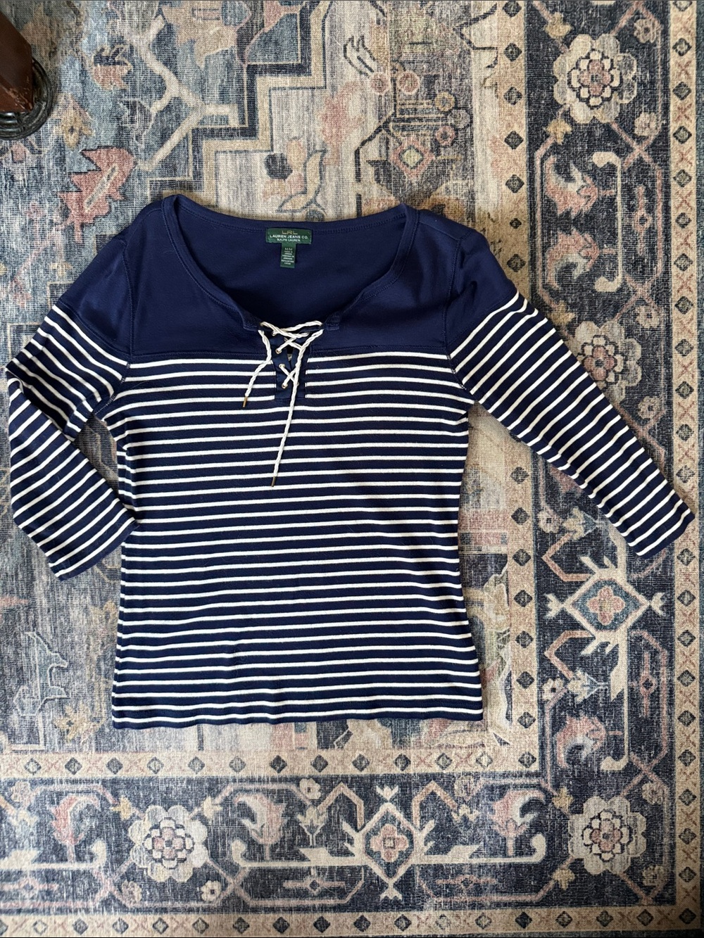 Lauren Ralph Lauren Navy and White Striped Lace-Up Top 3/4 length sleeves.